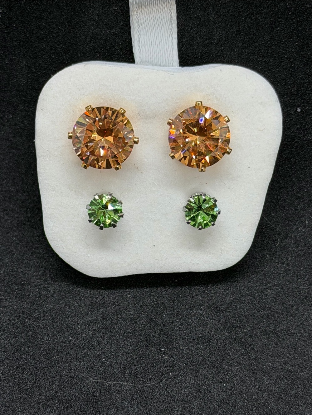 Gold Tone Set Champagne and Green Crystal Stud Earring Duo